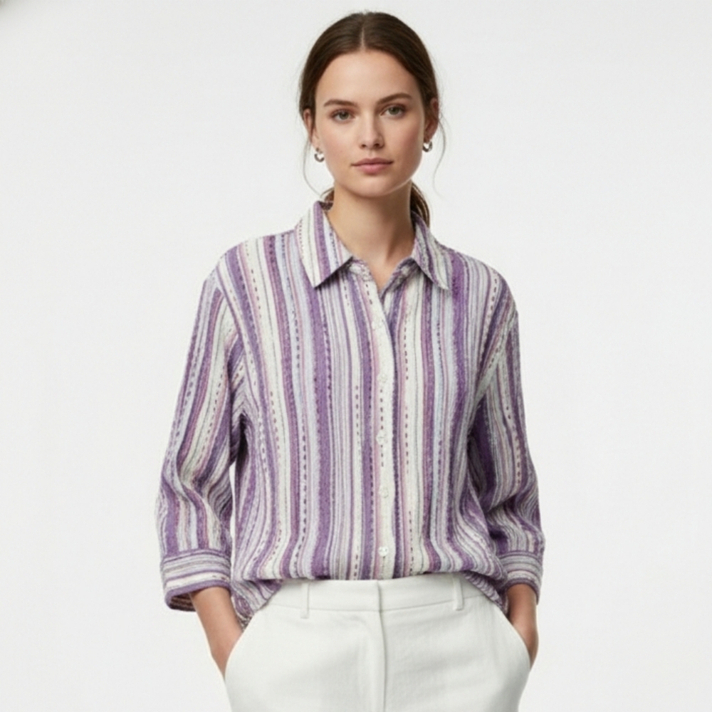 Breckenridge Purple Pink Striped Blouse Textured Boho Crinkled Casual 2X
